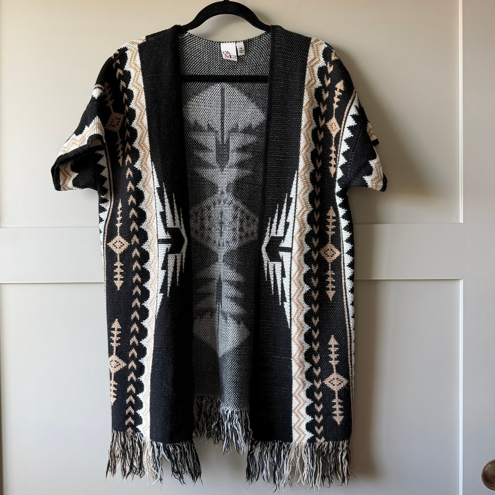 Oh MG! Southwestern‎ Fringe Cardigan Womens M Black Aztec Tribal Boho Duster USA